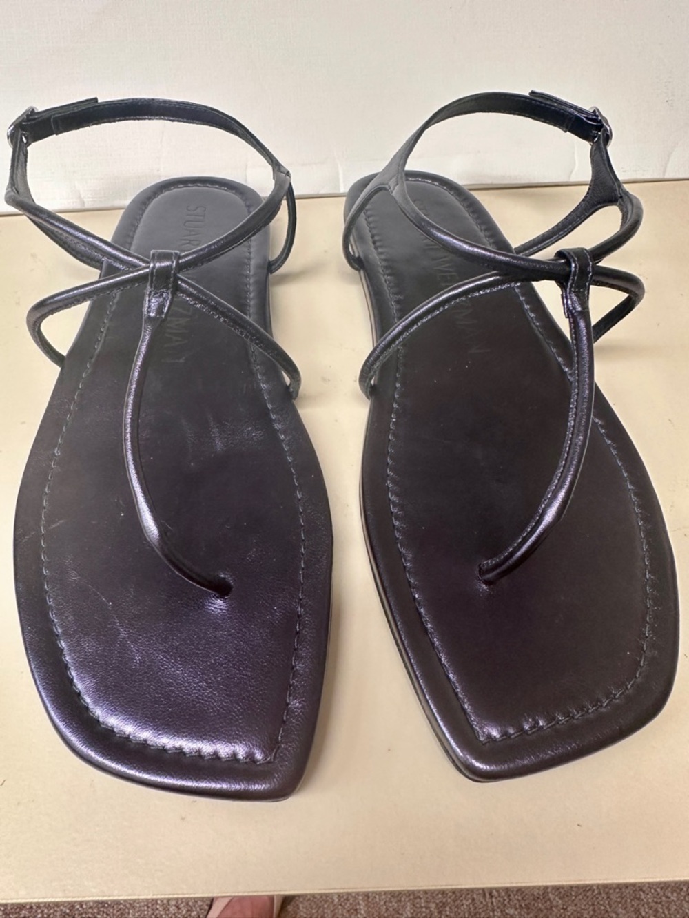 Stuart Weitzman Navy Leather Strappy T-Bar Sandals
